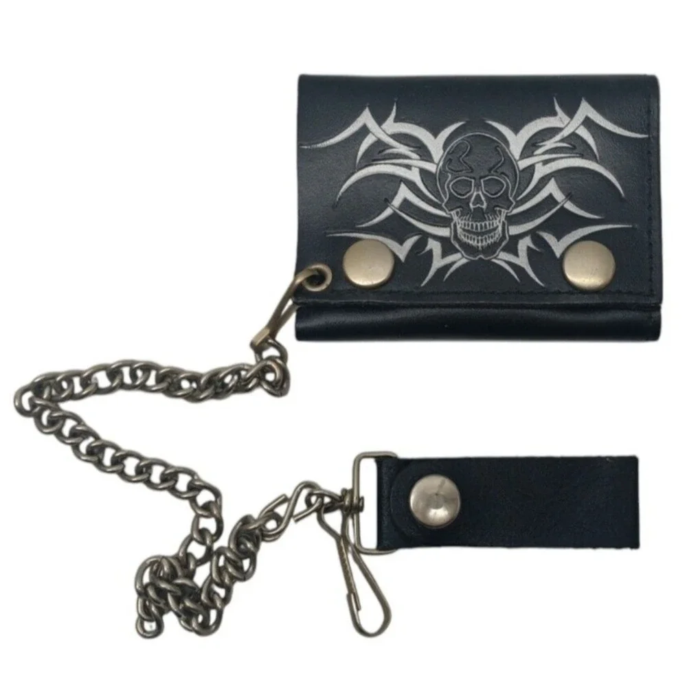 Genuine Leather Biker Wallet With‎ Chain Trifold - Skull Screen Print On Wallet